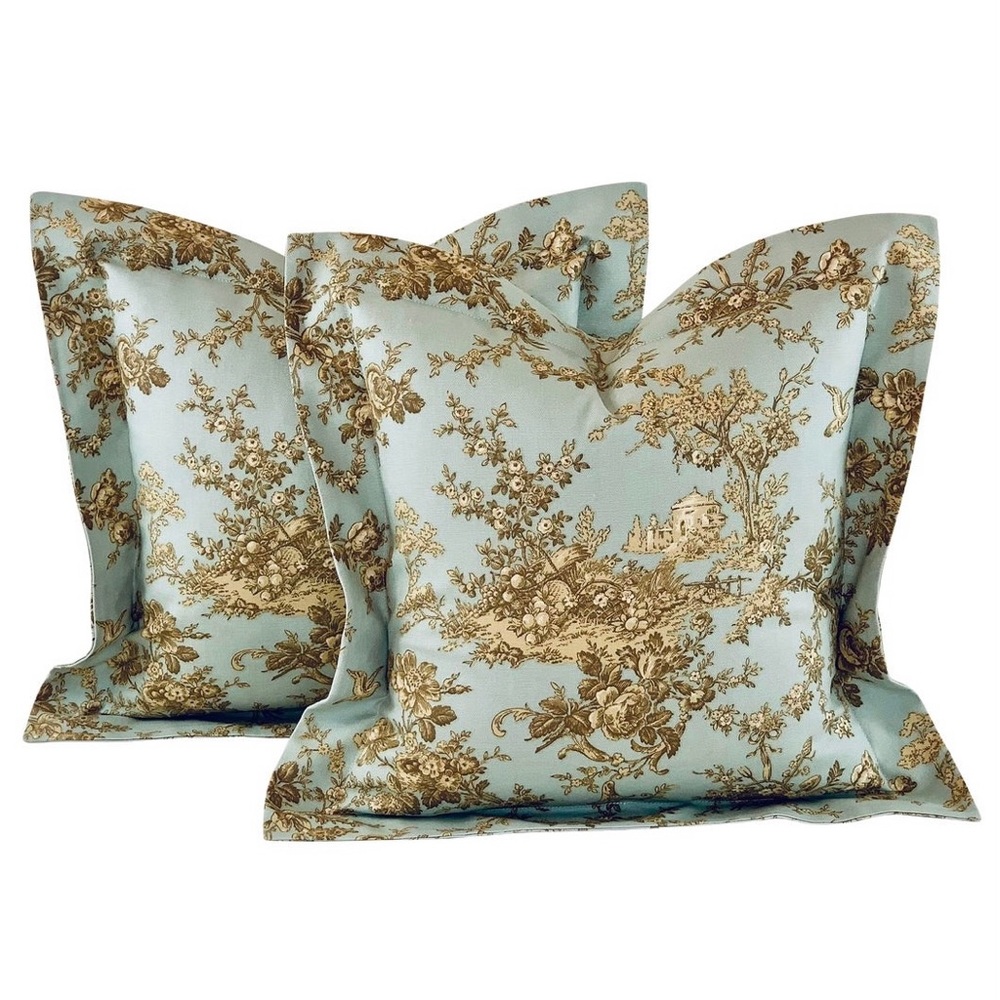 Pair P Kaufmann Braemore Aqua Cream & Brown French Country Toile Pillow Covers